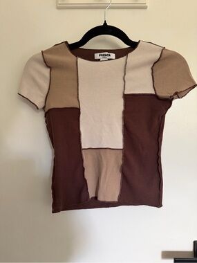 RSQ Brown, Tan & Cream Colorblock Ribbed Short Sleeve Top